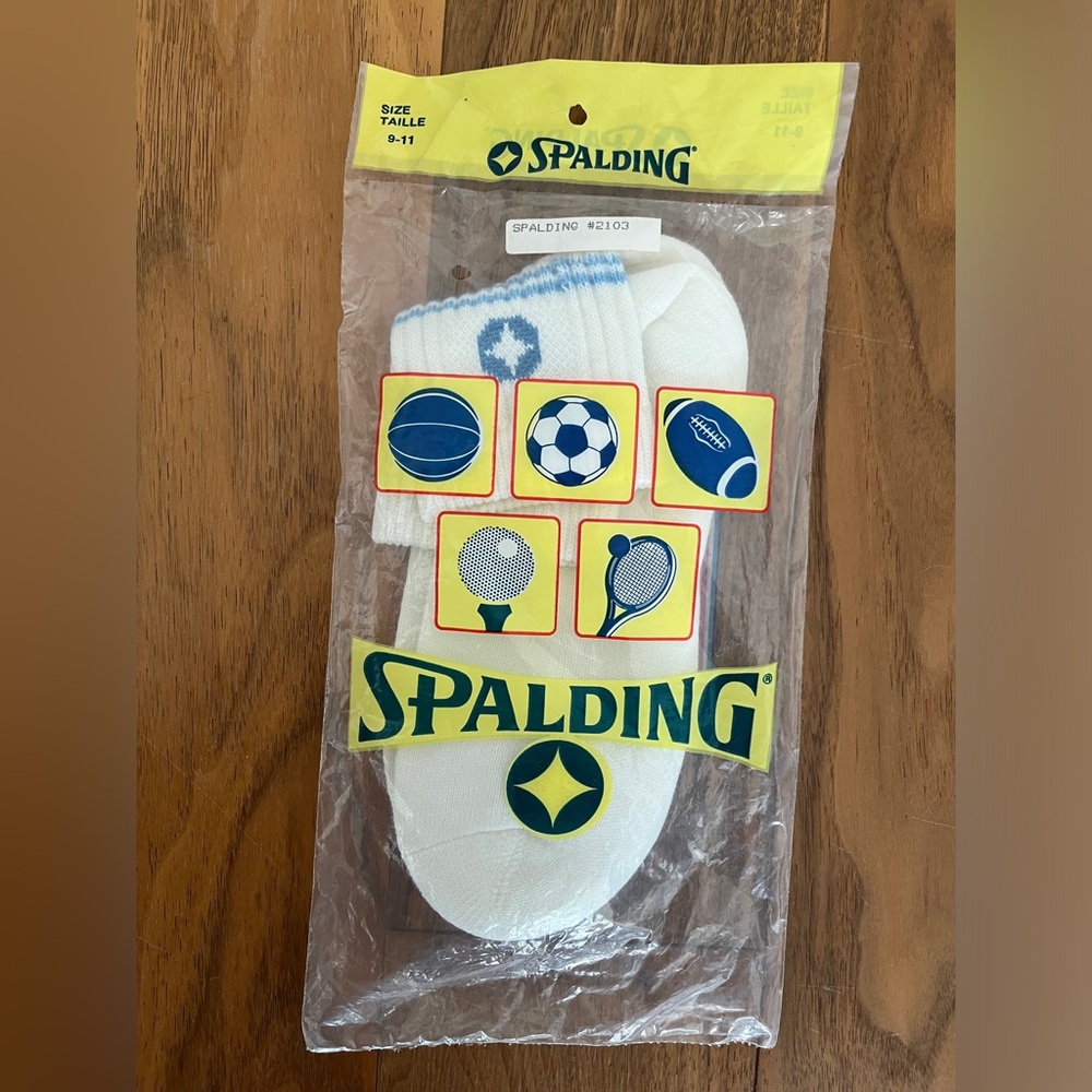 Vintage 1980s SPALDING Tube Socks Sz 9-11 White-Blue Spell-Out Logo
